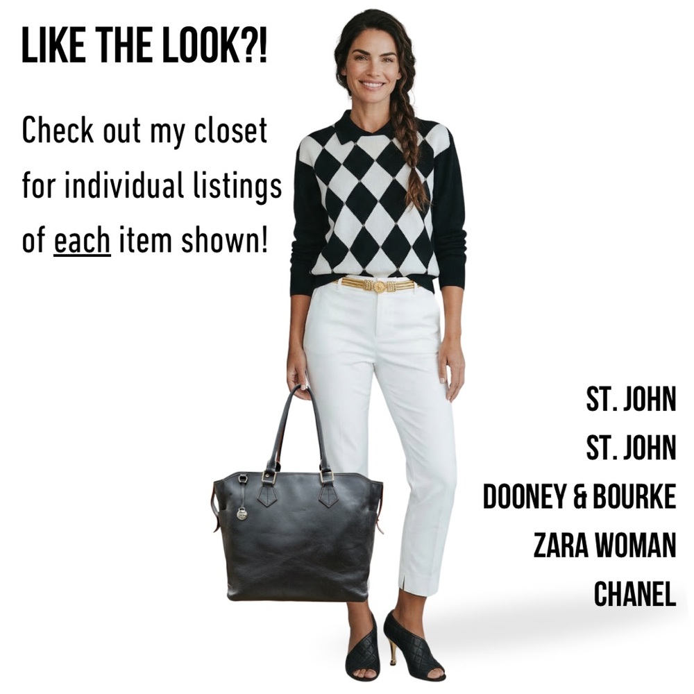 ST. JOHN Argyle Black White Diamond Collared Sweater Top - Size P - Picture 4 of 15